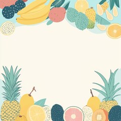 Tropical fruit frame with colorful flat illustrations on light background.