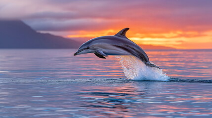Obraz premium Dolphin leaping out of water at sunrise, creating splash with colorful pink and orange ocean and mountain reflection.