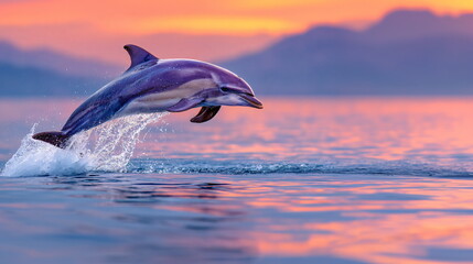 Obraz premium Dolphin leaping out of water at sunrise, creating splash with colorful pink and orange ocean and mountain reflection.