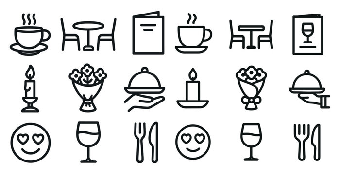 Restaurant icons set for menus and invitations featuring dining elements