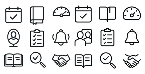 Set of minimalist icons featuring calendars, books, clocks, and communication
