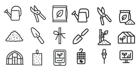Gardening tools and seeds icon set for horticulture and planting design projects