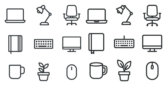 Modern office essentials: icon set of furniture, technology, and decor elements