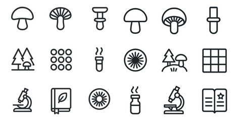Nature and science icons set featuring mushrooms and microscopes