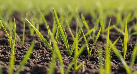 Obraz premium Oat seedlings in the field growing in the soil in bright daylight
