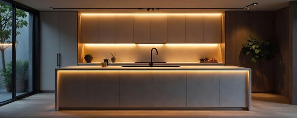 Sleek, modern pipe lights illuminate a minimalist kitchen island, casting a warm, ambient glow Perfect for interior design, home decor, and architectural lighting projects , metal, fixture, apartment