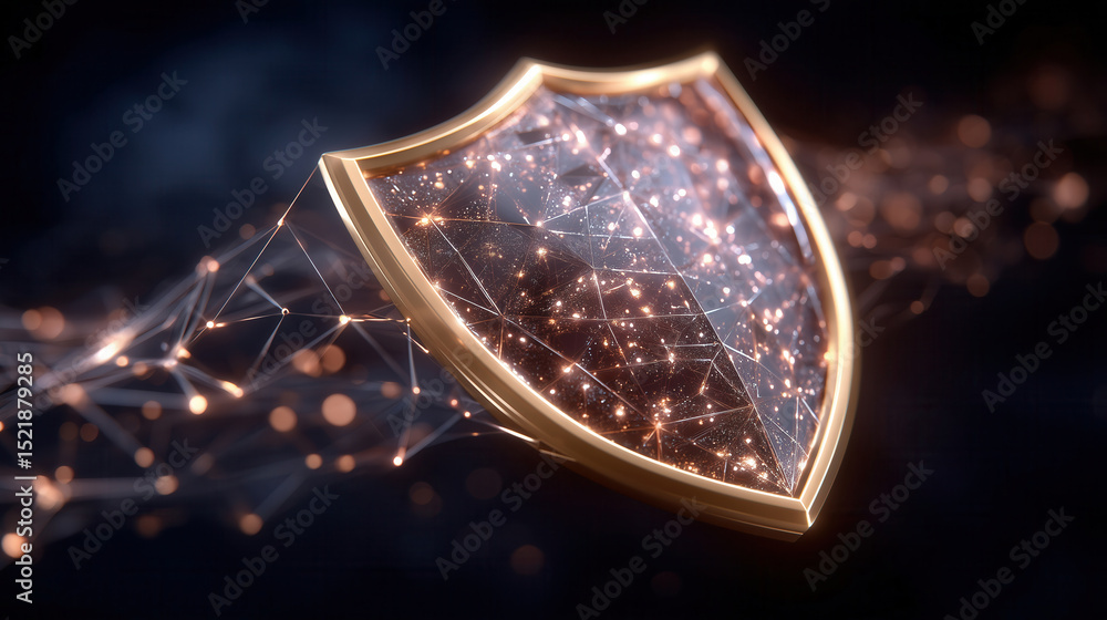 Poster glowing shield symbol emerges within a network of connected dots and lines. the digital design featu