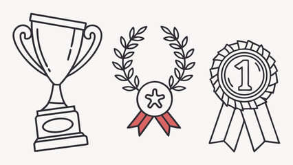 Fototapeta premium Award Winning Icons Trophy, Laurel Wreath, and First Place Medal