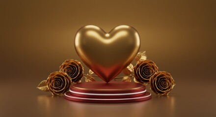 A digital rendering shows a dark gold, metallic heart floating slightly above a circular, dark red platform with two thin white concentric rings on its vertical face. Five dark gold roses with visible