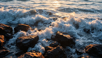 Obraz premium Waves crashing against rocks during sunset by the ocean 