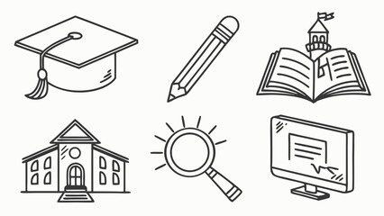 Fototapeta premium Education Icons Graduation Cap, Pencil, Book, School Building, Magnifying Glass, Computer Screen