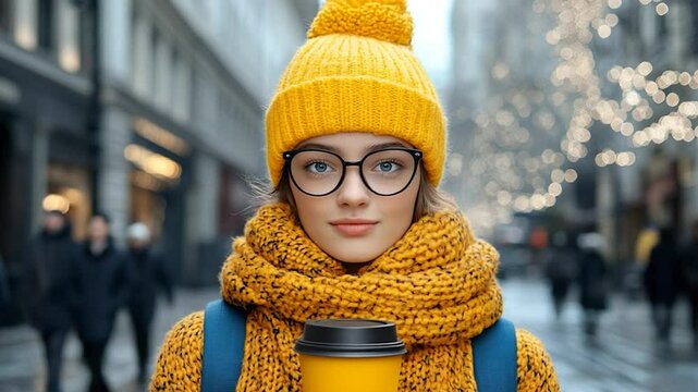 Yellow Winter Fashion: A Girl in a City Street