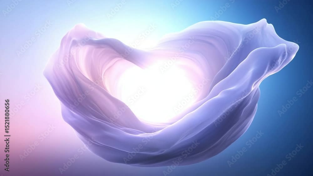 Poster Abstract Cloth and Light:  A captivating display of flowing fabric gently swirls in the light, with vibrant and delicate hues of blue and violet and luminous core of light.