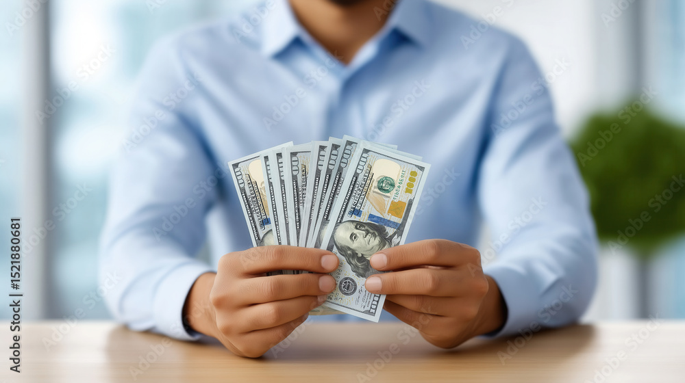 Poster hands count high-detail hundred-dollar bills in soft focus setting with copy space beside. concept o