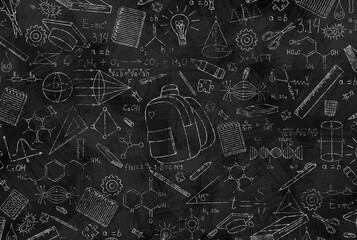 Chalked scientific formulas on the blackboard, physics, chemistry, geometry, biology. Back to school again. School background for design. Scientific abstract illustration. Painted scientific equipment