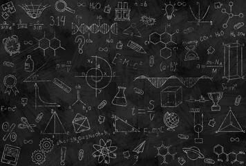 Scientific formulas and school supplies, drawn in chalk on the blackboard, physics, chemistry, geometry, biology. Back to school. Scientific abstract background. Drawn science equipment for education.