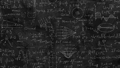 The scientific formulas for physics are drawn in white chalk on the school blackboard. Back to school. Scientific abstract background. Hand drawn school formulas.