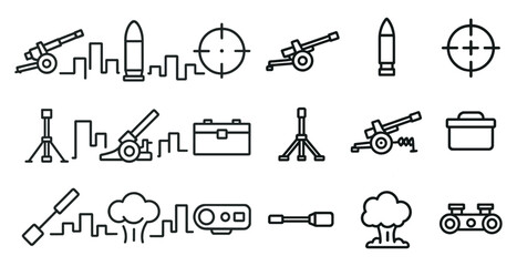 Military equipment icons including weapons and target symbol for design projects