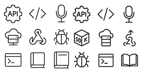Technology icons featuring api, coding, and software development tools