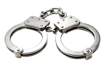 "Silver Handcuffs – Metal Restraint with Chain on White Background"

