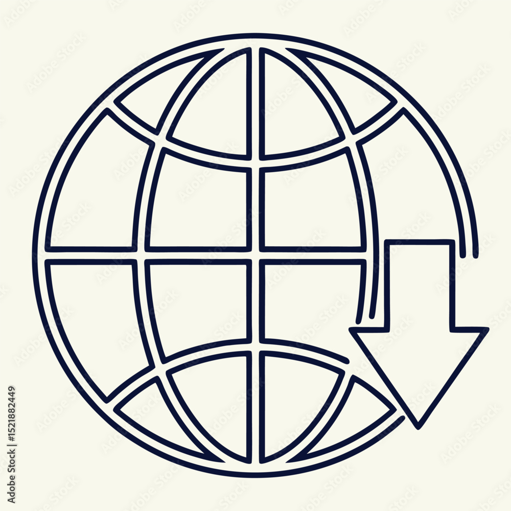 Poster global download icon showing worldwide web data transfer in simple outline style