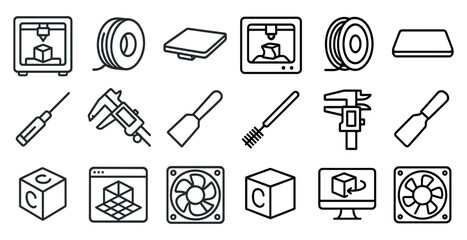 3d printing tools and accessories icons for creative design projects