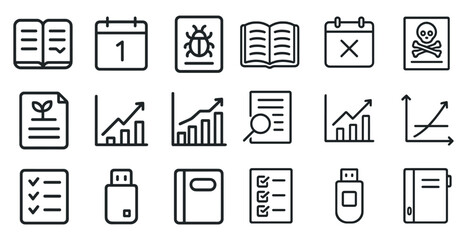 Linear icons set featuring calendar, graphs, and usb design elements