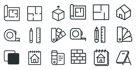 Home design and planning icons for architectural projects and interior design
