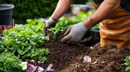 Fototapeta premium Nurturing the Earth: Hands diligently work the soil in a verdant garden. A close-up shot captures the act of cultivation in this outdoor haven of growth, representing care and nurture.