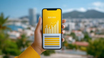 User holds smartphone showing fintech app with financial graphs and balance. Vibrant cityscape in soft focus behind, daylight setting enhances engagement. Concept of finance, technology, investment