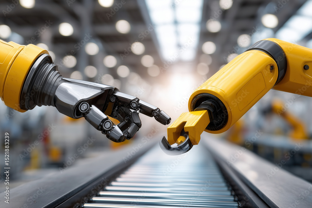 Poster robot and engineer collaborate on an assembly line, both reaching for a tool in a factory setting wi