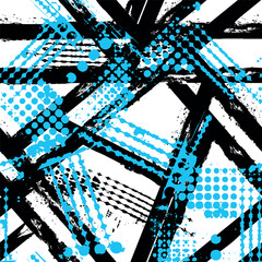 Vector Abstract seamless stripped pattern. Grunge geometric dotted simple Background in blue, white, black colors for sport textile. Textured ornament
