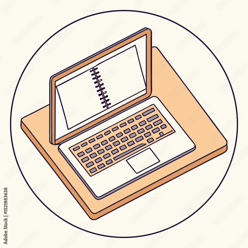 Poster isometric illustration of laptop and notebook on a desk within a round frame