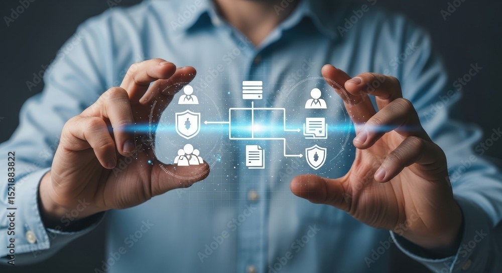 Poster man presenting cybersecurity network data protection with hands for business digital technology conc
