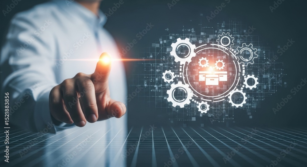 Poster automation technology concept with gears and digital interface for business solutions process