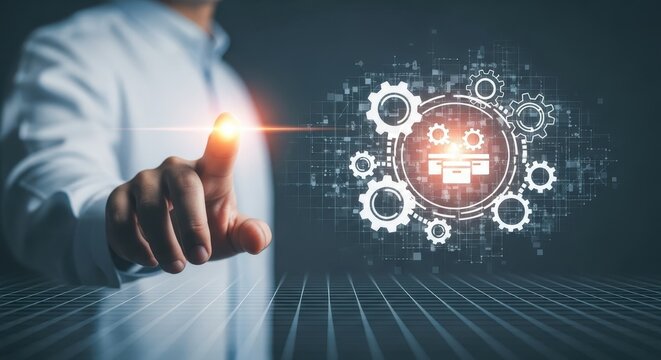 Automation technology concept with gears and digital interface for business solutions process