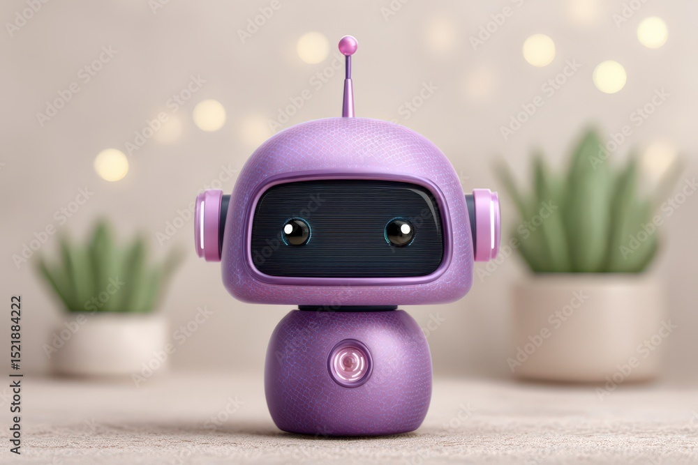 Poster cute retro robot character design with bright purple color scheme and round facial features set agai