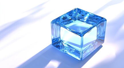 Blue, glassy ice cube on white surface