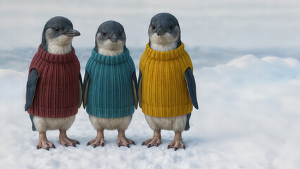Three penguins in the Arctic wearing colorful knitted sweaters. Cute illustration.