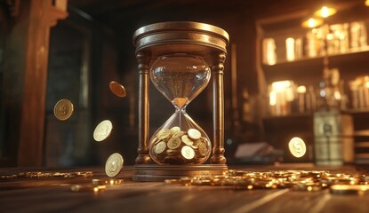 A golden hourglass with coins pouring out embodies the notion that time has monetary value and highlights the need for prudent financial planning