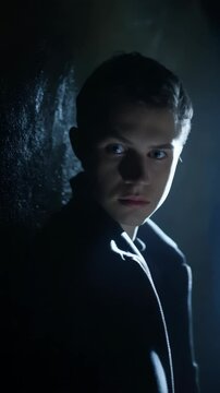 Intense portrait of a young man looking back over his shoulder in a dark and mysterious, shadowed scene illuminated by a bright light.