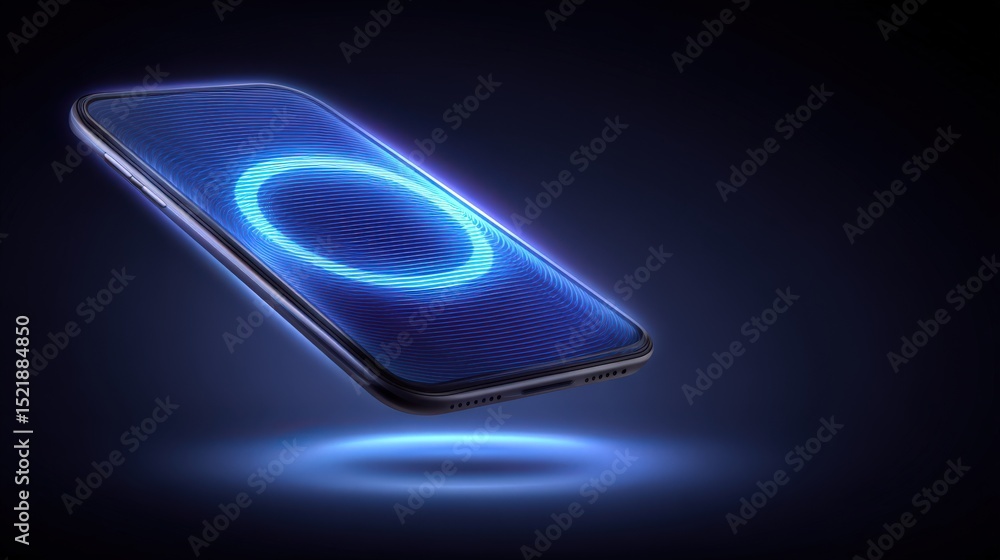 Poster futuristic smartphone design illuminated with dynamic blue light showcasing advanced technology and 