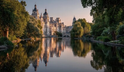 Obraz premium Scenic view of historical buildings reflected in a tranquil lake at sunset.