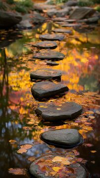 Serene Autumn Reflection Stepping Stones in a Dark Pond