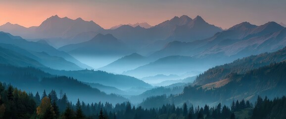 Obraz premium Serene misty mountains at sunrise.