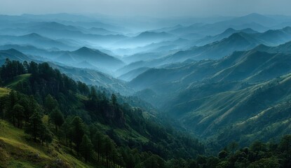 Naklejka premium Misty mountain landscape with rolling hills and dense forest.