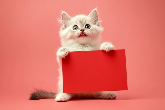 Ð¡ute cat turkish angora hold in front paws a prototype - large red alley sign. Adorable studio smile. Creature photo for brand. Isolated kitty on a solid clothing pink background. Pet ad moc.