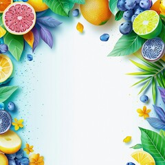 Vibrant tropical fruit border with blue gradient background and copy space.