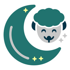 Eid ul Adha Crescent, Sleepy Sheep, Islamic Festival,Teal Moon and Sheep, Eid Mubarak, Religious Symbol,Nighttime Eid Celebrations, Cute Lamb, Islamic Holiday,Dreamy Sheep and Moon, Qurbani Illustrati