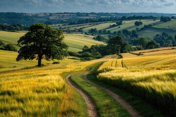 Naklejka premium Scenic rural landscape with rolling hills and a lone tree.
